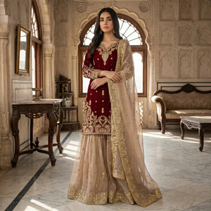 Women Traditional Indian Pakistani Silk Digital Printed Embroidered Floor-Length Wedding Dress Set Dupatta Regular Fit All - Product Image 1