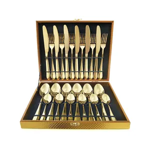 Luxury Gold 24pcs Restaurant Stainless Steel Cutlery Set With Case