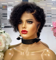 Perruques Lace Front en Cheveux Humains du Vietnam, Couleur Noir Naturel, Ondulation Water Wave, Coupe Pixie Courte, Pré-épilées, Nœuds Blanchis