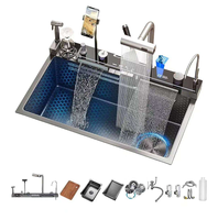 Évier de cuisine en acier inoxydable fait à la main, acier inoxydable 304/201, cascade LED multifonction, évier simple fait à la main avec robinet