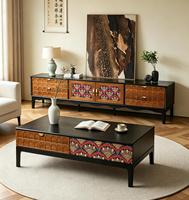 Ensemble de meubles de salon vintage en bois massif avec table basse à motifs décoratifs + meuble TV pour la décoration de la maison