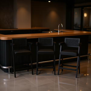 Taburete de bar moderno de resina con tiras de tela Milan, 25.5 pulgadas, con brazos, juego de 3, negro Boucle - Product Image 2