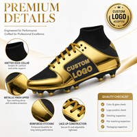 Chaussures de football métalliques dorées haut de gamme avec logo personnalisé, crampons de football à tige haute, marque privée OEM ODM, chaussures de football dorées métalliques