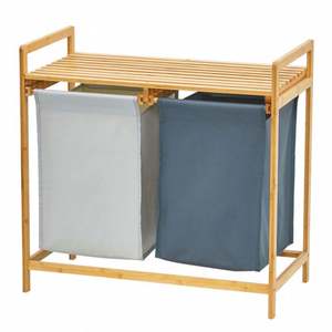 Panier à linge et étagère en bambou, panier à linge à double compartiment avec sac amovible, organisateur et rangement à linge à 2 sections - Product Image 6
