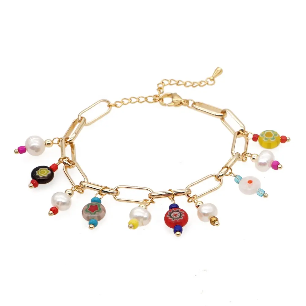 Millefiori pulseira de flor de pérola, jóias de pérola com aço inoxidável e pulseiras de corrente