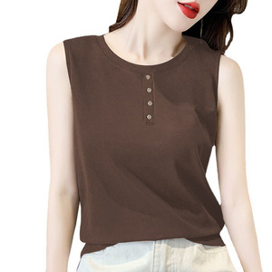 Women Sleeveless Vest White Solid Color Buttons Micro Elasticity Summer Casual Wear Base Layer Top - Product Image 5