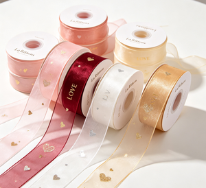 Ruban en organza transparent avec impression LOVE en feuille d'or, nœuds pré-noués pour emballage cadeau, bouquet, mariage, fête, emballage cadeau neutre - Product Image 4
