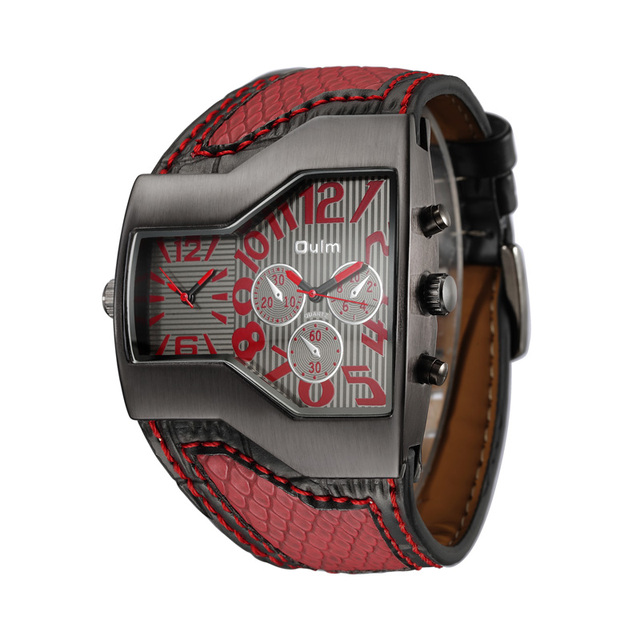 OULM 1220 Antique Mens Quartz Watch Costume Genuine Leather Band Water Resist 2 Time Zone Unique Casual Reloj Watch