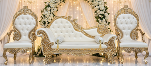 Luxury Royal Wedding Stage <b>Sofa</b> Set – <b>Gold</b> Carved Wooden Bridal Couch with 2 King Chairs Handmade Bulk Product - Product Image 3