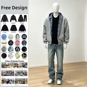 Sweat-shirt à <span class=keywords><strong>capuche</strong></span> surdimensionné à double fermeture éclair <span class=keywords><strong>avec</strong></span> doublure à carreaux bleus, streetwear décontracté pour homme - Product Image 1