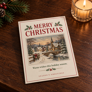 Biglietto d'Auguri Classico con Scena Natalizia, Cartolina Artistica Retrò con Villaggio Innevato, Biglietto di Auguri per le Festività Invernali - Product Image 5