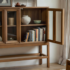 Vintage Retro Medieval Style Living Room <b>Sideboard</b> Teak Glass Bookshelf Solid Wood Display <b>Storage</b> China Made - Product Image 4