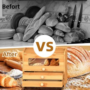 Bamboo Bread Box With Drawers Natural Wood Food <b>Storage</b> <b>Kitchen</b> Organizer - Product Image 3