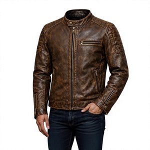 Veste moto en cuir d'agneau véritable marron pour homme, imperméable, respirante, col rond, coupe classique, style hiver, logo sur le devant - Product Image 3
