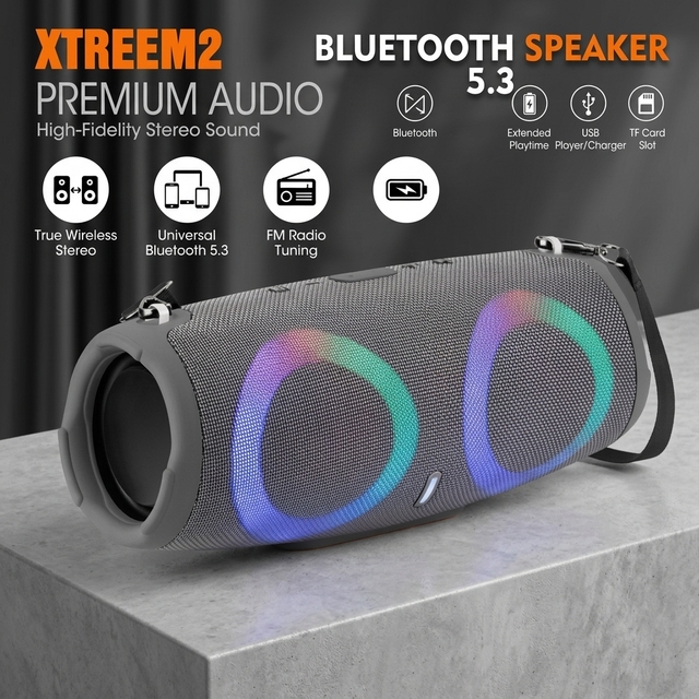Xtreme2 Portable Boombox Speaker Powerful Heavy Bass Loud Stereo Sound RGB LED Light FM Radio USB Music Player for Outdoor Party