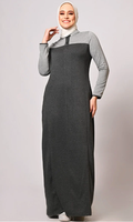 Abaya en jersey color block pour femmes, col montant, demi-boutonnage, manches longues, robe maxi islamique modeste avec poches latérales
