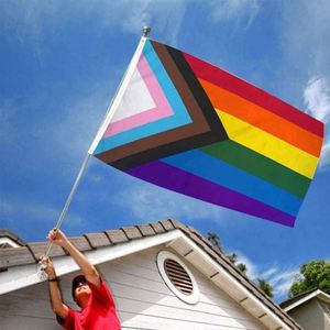 ธงสีรุ้ง Progress Pride ขนาด 4x6 ฟุต พิมพ์สองด้าน โพลีเอสเตอร์คุณภาพสูง เป็นมิตรกับสิ่งแวดล้อม พิมพ์ด้วยระบบดิจิทัล ธง LGBTQ สำหรับใช้งานกลางแจ้ง ทนทานต่อการซีดจาง - Product Image 5