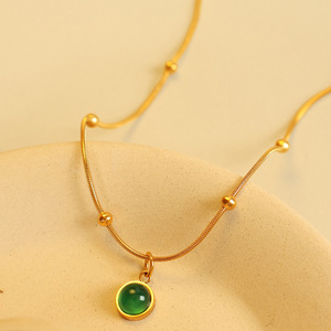 French Retro Green Glass Pendant Necklace 18k Gold Plated <b>Titanium</b> Steel Clavicle <b>Chain</b> Stackable Fashion Jewelry - Product Image 2