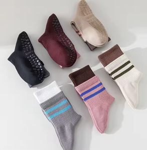 High Quality Custom Logo Women's Stripes Double Cuff Seamless Toe Yoga <b>Socks</b> Comfortable Fitness Sports Sticky Brown Maillard - Product Image 6
