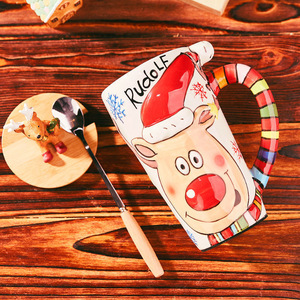 Tazza in Ceramica Natalizia con Cucchiaio e Coperchio, Personaggio di Babbo Natale, 20 Once, Tazza Lucida per Caffè e Tè - Product Image 5