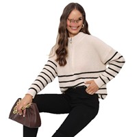 Pull en laine d'hiver pour femme, style preppy décontracté, tricoté à rayures, col semi-ouvert zippé, manches longues, coupe ample et épaisse
