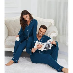 Conjunto de pijamas personalizados a juego de 2 piezas, manga larga, viscosa de bambú, con botones, para parejas, color azul tinta, talla mediana - Product Image 5