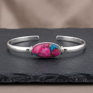 Silver Cuff <b>Bracelet</b> With Pink And Blue Natural Stone Inlay Bohemia Style Everyday Wear Unisex Jewelry - Product Image 3