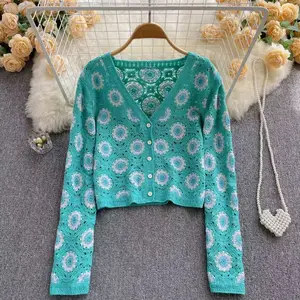 Tùy chỉnh đầy màu sắc Rỗng ra hoa phụ nữ Chunky Cáp dài tay áo Đan Áo len phụ nữ Crochet cardigan Áo len