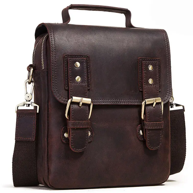 Custom Small Vintage Look Crazy Horse Leather Shoulder Messenger Purse Travel Crossover Bag Crossbody Bag for Men
