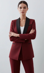 Conjunto de traje de esmoquin borgoña elegante para mujer, blazer a medida con solapa de satén negro y pantalones ajustados a juego, ropa formal elegante - Product Image 2
