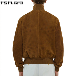 Cut And Sew <b>Suede</b> Varsity <b>Jacket</b> <b>Men</b> Brown Perforated Letterman Ribbed Collar Windbreaker Streetwear Manufacturers Bulk - Product Image 2