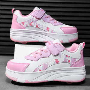Childrens Roller Skates Pink Round Toe Print Anti Slippery Double Row Wheels Size 25 38 Skateboarding Shoes - Product Image 3
