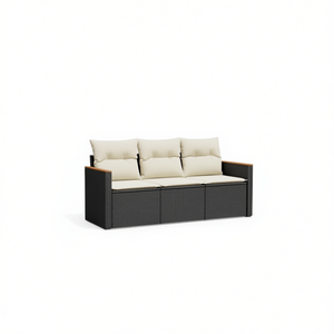 Sofá de Jardín de Ratán Negro de Tres Plazas, Muebles de Exterior con Cojines Color Crema, Diseño Contemporáneo Impermeable - Product Image 1