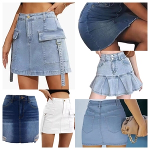 Summer Casual Women's High Waist Denim Mini <b>Skirt</b> Solid Color Style With Pockets Regular Fit A-Line Jean <b>Skirt</b> - Product Image 1
