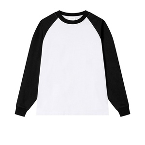 T-shirt en coton pur lourd 250g avec manches raglan, poignets côtelés bicolores, T-shirt col rond style vintage américain - Product Image 1
