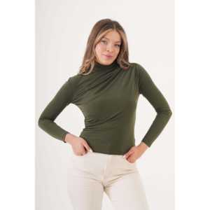 Blusa caqui para mujer con hombros y cintura fruncidos, cuello alto - Disponible para venta al por mayor - Product Image 1