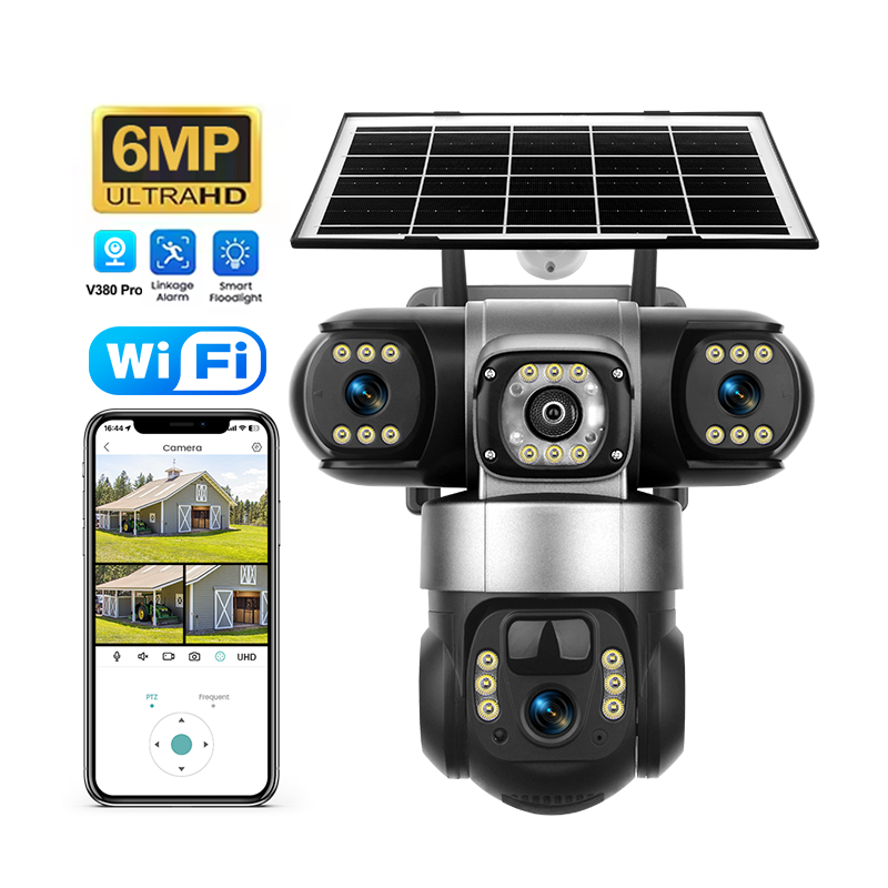 Veezoom 6MP Wi-Fi Солнечная камера видеонаблюдения PTZ с длительным сроком службы батареи 8000 мАч с тремя линзами красочного ночного видения для безопасности на открытом воздухе