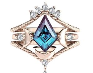 Anillo de Compromiso y Nupcial de Lujo en Plata de Ley 925 con Baño de Oro de 18K, con Alexandrita Certificada en Forma de Cometa, Luna de Mi Vida - Product Image 1