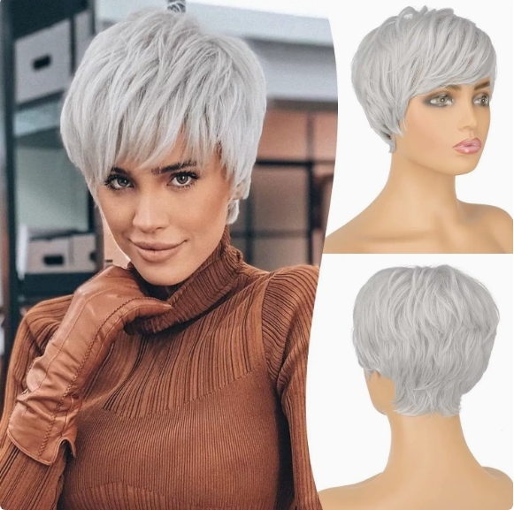 New Products Wigs European and American Women's Fashion Synthetic Fiber Hairpieces Gray-White Split Short Straight Wigs