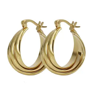 Fashion Ladies Womens Jewelry Tripe Big Gold Plated Stainless Steel Hoop Earrings For Women