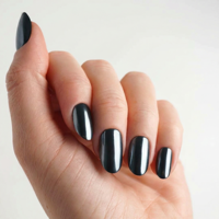 Faux ongles en gel souple réutilisables à presser, effet chrome perle noire, taille moyenne, ronds, pour marque privée