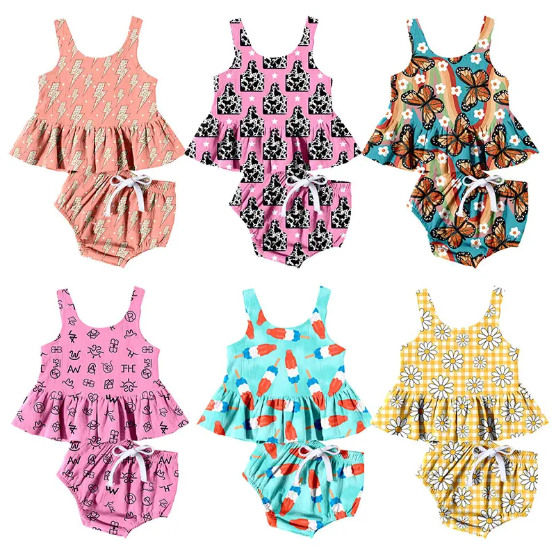 Factory Made 0-16 Year Old Summer Girl Outfits Custom Baby Peplum Tank Top String Short Sets Fashion Kids Lounge Sets