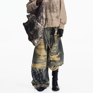 YUCE - Jeans Anchos Retro <span class=keywords><strong>de</strong></span> Mezclilla Gruesa al por Mayor, Jeans <span class=keywords><strong>de</strong></span> Mezclilla <span class=keywords><strong>de</strong></span> Alta Calidad con Lavado Vintage, Rotos, Estilo Urbano para Hombre - Product Image 3