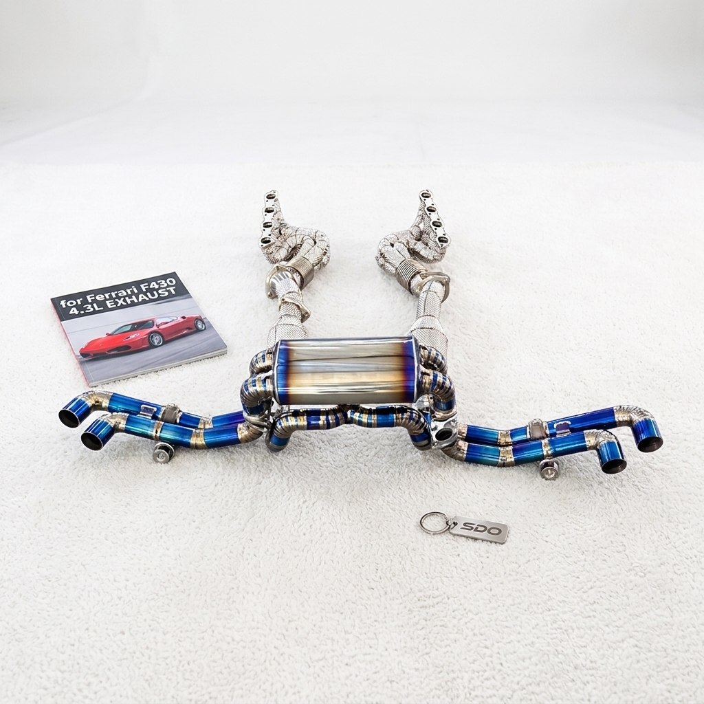 VantaFlow Burnt Blue Titanium Full Exhaust for Ferrari F430 4.3L 2005-2009 Performance Catted Downpipe and Manifold with Heat Shield