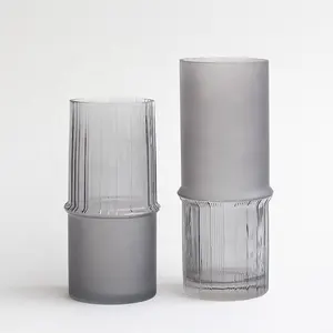 Groothandel boeket glas cilinder vazen-Cilinder Handgemaakte Grey Bloem Vaas Frosted & Geribbelde Afwerking Crystal Glazen Vat Voor Home Office Bruiloft Decoratie