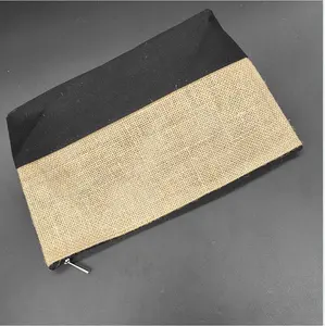 Double Sided Large Zipper Makeup Bag Eco-Friendly Jute Canvas Accessory Pouch Custom Logo Pattern Wholesale For Gift Usage