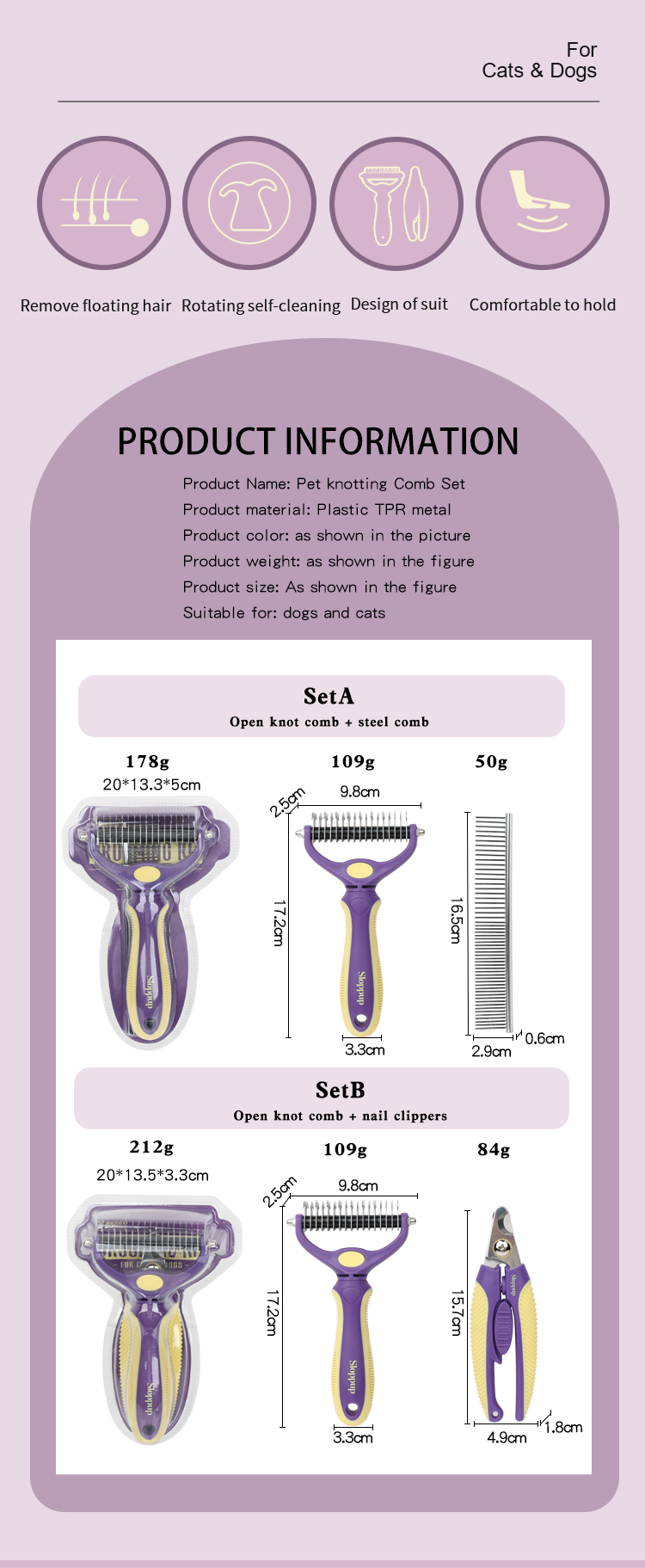 Factory Wholesale 2 In 1 Cat Needle Hair Comb Dog Pet Dematting Grooming Comb With Pet Nail Clipper Or Stainless Steel Pet Comb