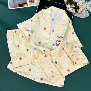 2025 Mùa Hè Ngắn Tay Áo Băng Lụa Đồ Ngủ Cho Phụ Nữ <span class=keywords><strong>Hello</strong></span> <span class=keywords><strong>Kitty</strong></span> Dễ Thương Sinh Viên Ba-Mảnh Phong Cách Homewear Bộ - Product Image 4