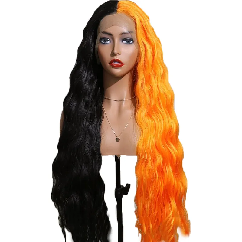 23 Inch Half Orange Half Black Deep Wave Synthetic Wig for Women Party Cosplay Hair Lace Front Wig Heat Resistant Long Curly Wig