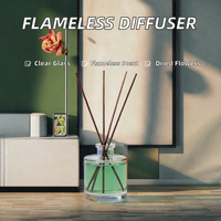 Diffuseur d'arômes sans flamme en verre sodocalcique transparent cylindrique transfrontalier de 100 ml avec bâtonnets en rotin et fleurs séchées